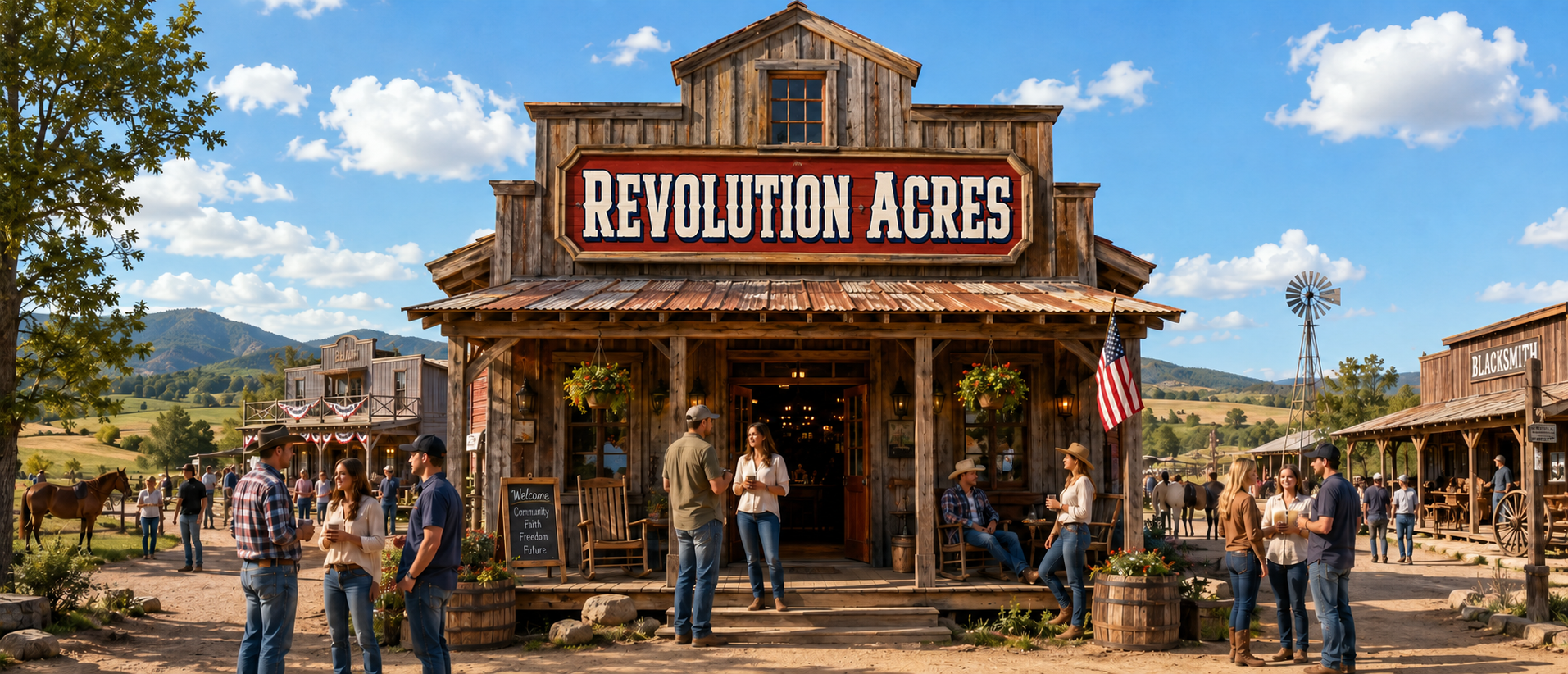 People gathering around the Revolution Acres building in a wide rural community landscape.
